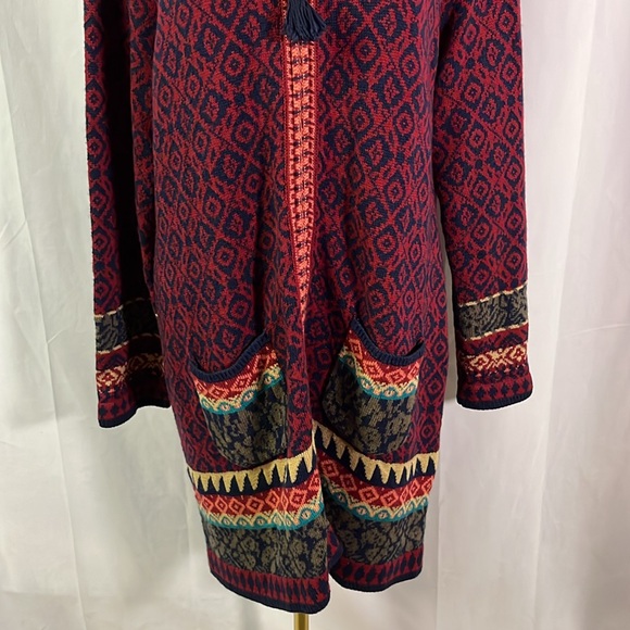 Sahalie Red Multicolor Printed Zip Front Wool Blend Duster Cardigan - Picture 7 of 16